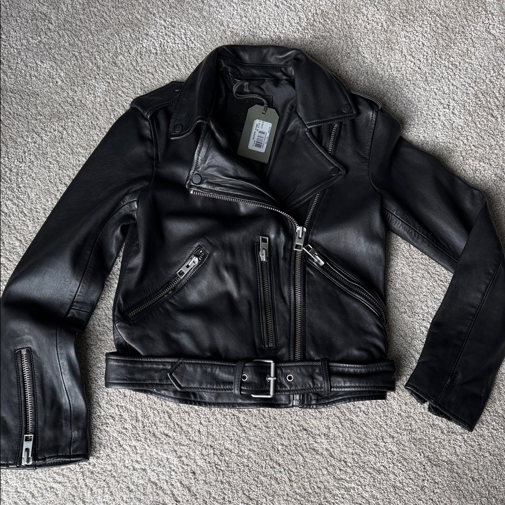 All Saints Jet Black Leather Biker Jacket NWT